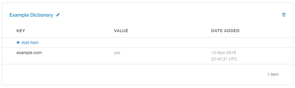 an example dictionary container with one dictionary item, as it appears in the Fastly control panel