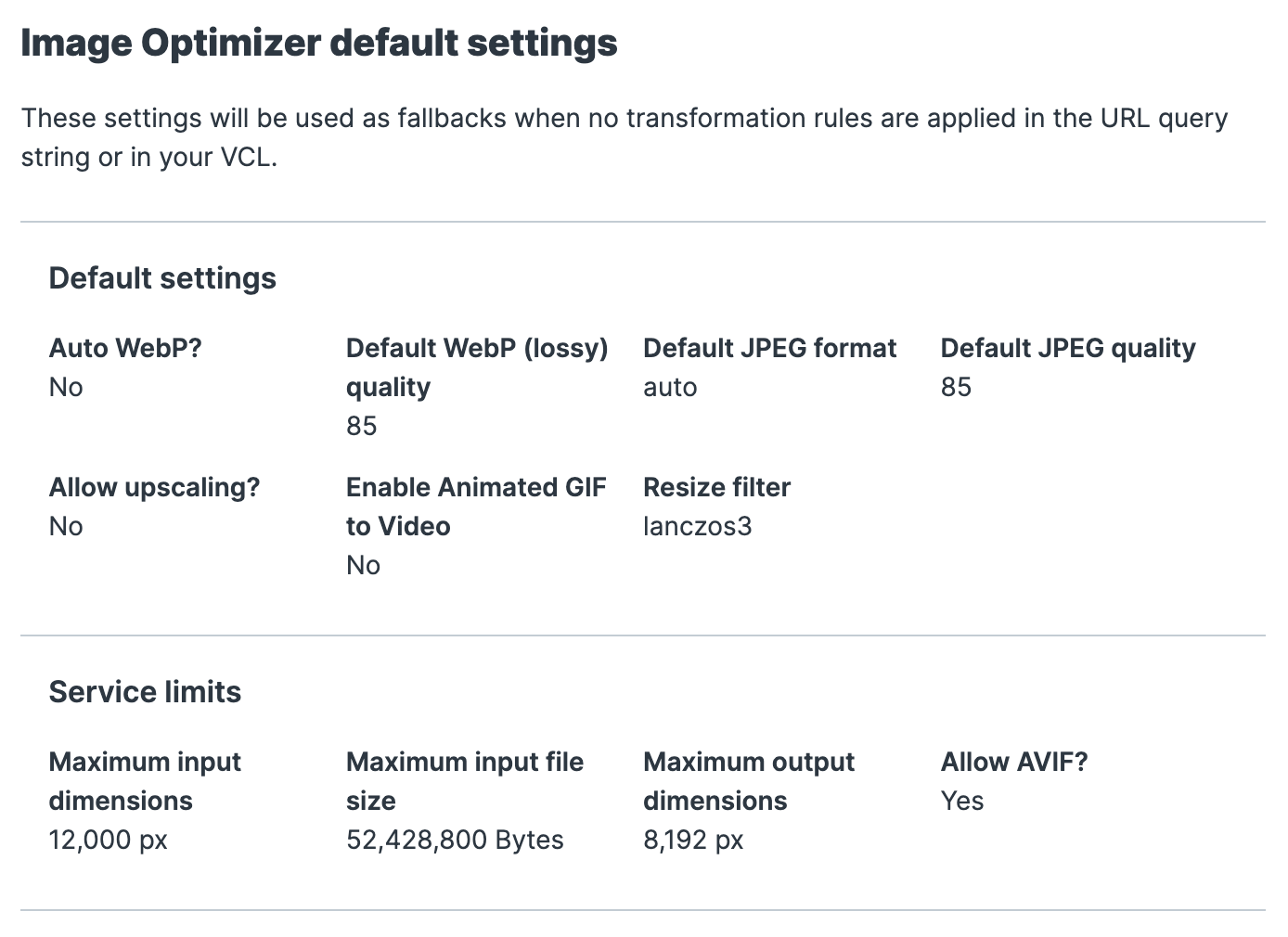 the image optimizer default settings