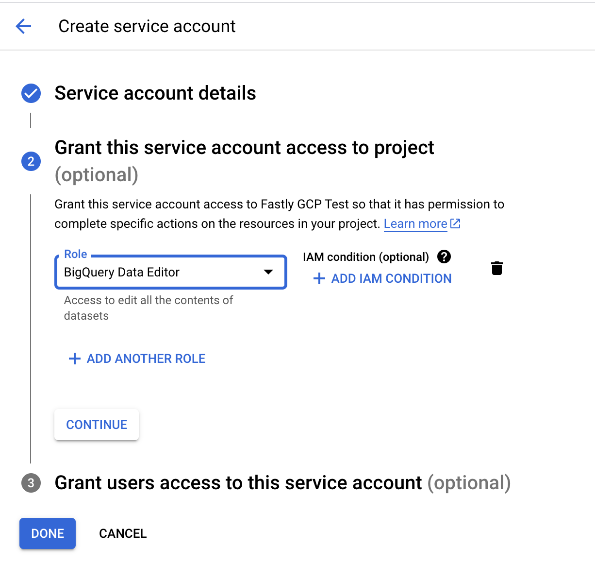 Create service account panel