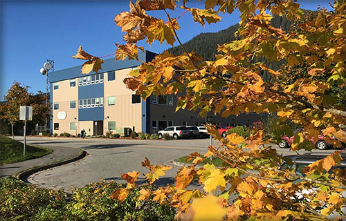 Autumn view of DOT&PF 3-mile building from Wayside Park.