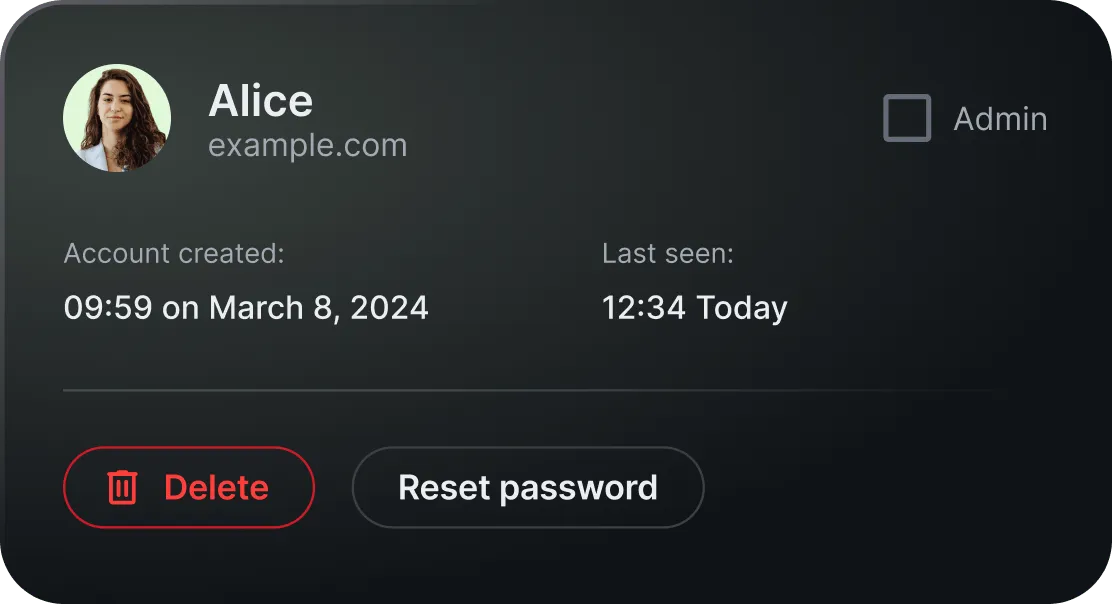 User details, showing account creation date and options to change role to admin, reset password and delete user.