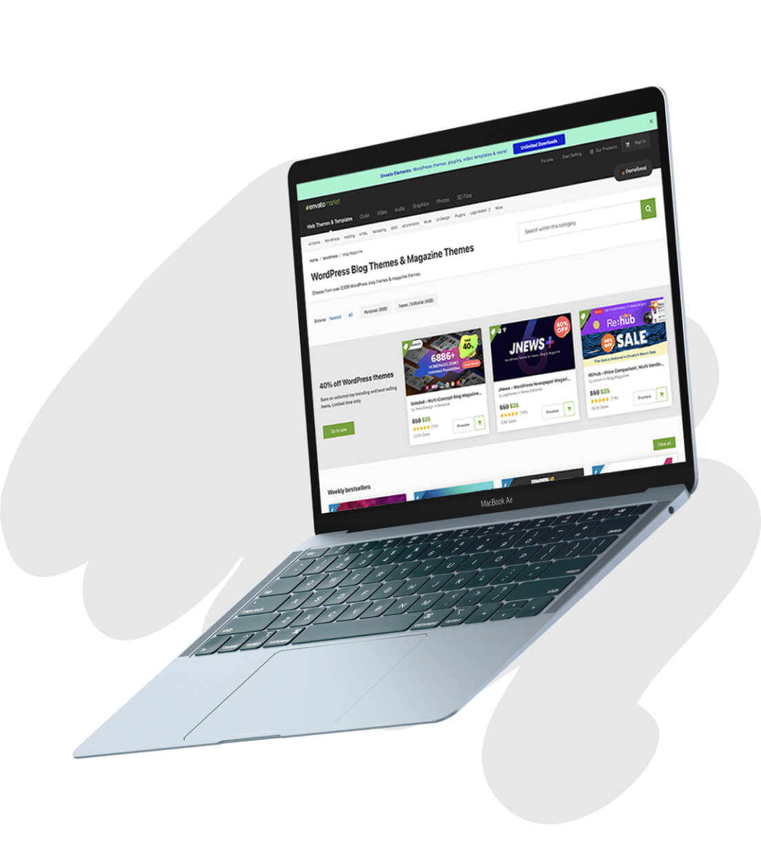 A floating MacBook with Envato Market on the screen.