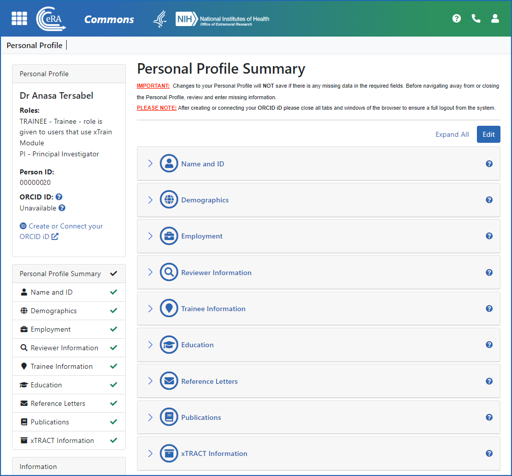 Figure 1: Personal Profile (PPF) screen, showing information categories