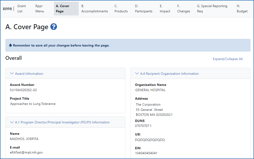 Figure 2: The RPPR form, section A, Cover Page and navigation tabs