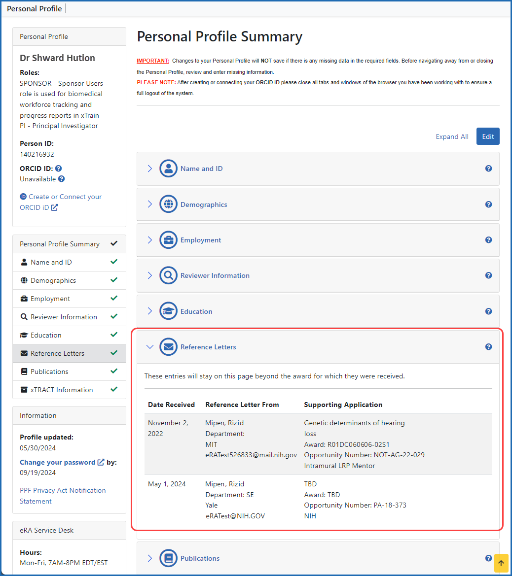 Figure 3: Reference Letters information for an applicant displayed on the Personal Profile Summary screen