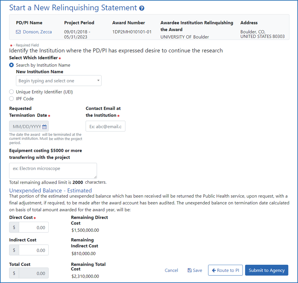 Figure 2: Relinquishing Statement data screen