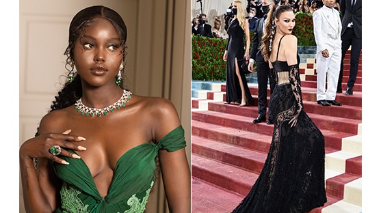 photos of Estee Lauder brand ambassadors makeup looks on the Met Gala 2022 red carpet