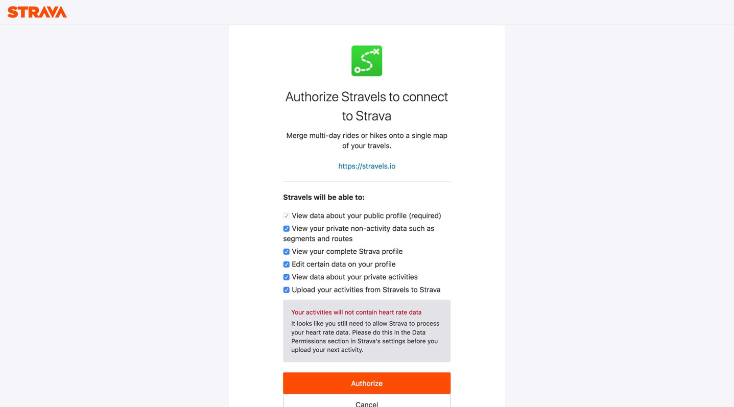 Strava authorization page