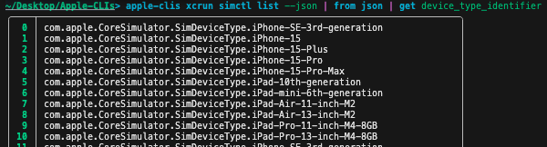 apple-clis xcrun simctl list --json | from json | get device_type_identifier