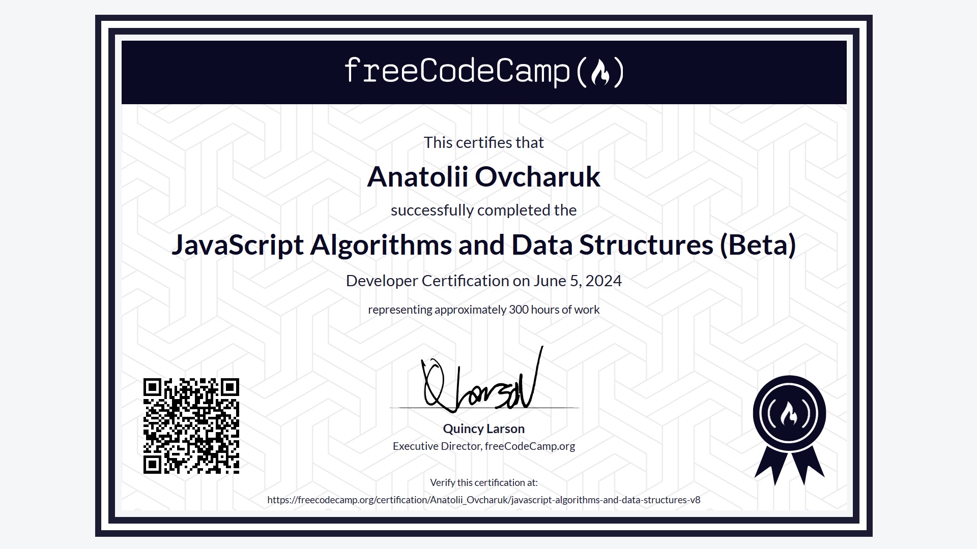 Certificate - Java Script Algorithms and Data Structures