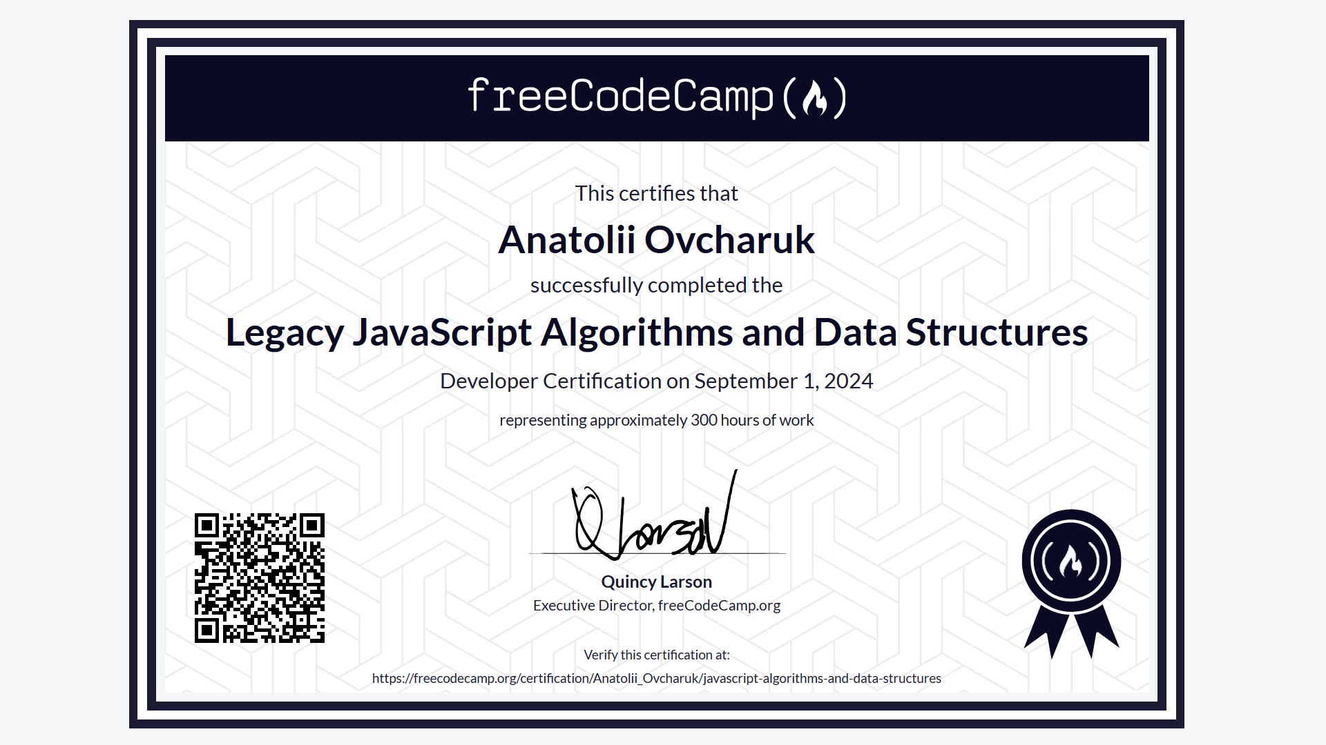 Certificate - Legacy JavaScript Algorithms and Data Structures