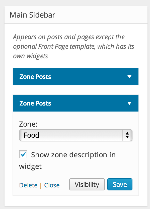 A sidebar widget area with a couple of Zone Posts widgets