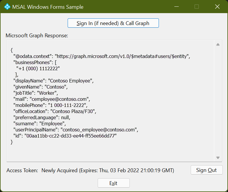 A screenshot of a Windows Forms application displaying a response from Microsoft Graph.