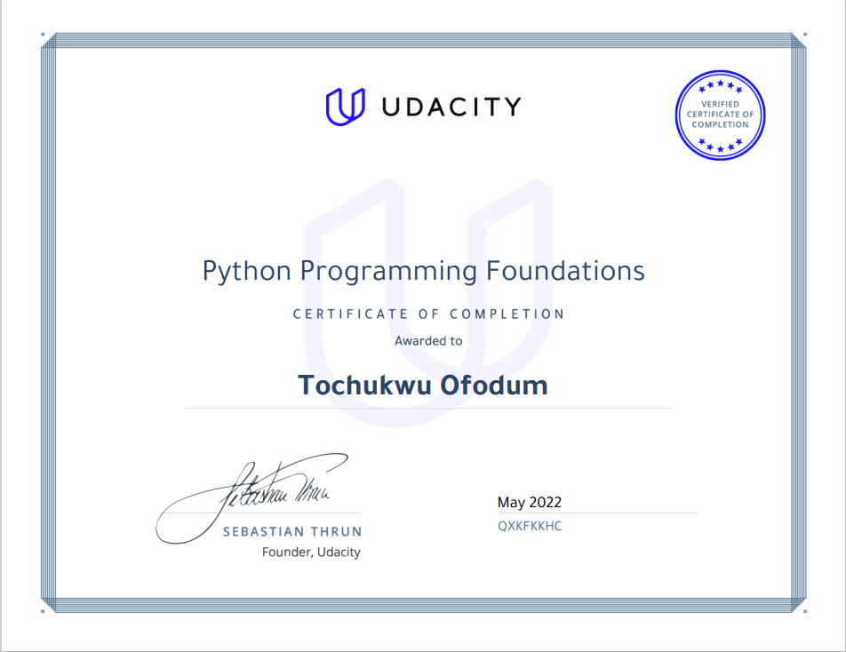 Certification Python Foundations from Udacity