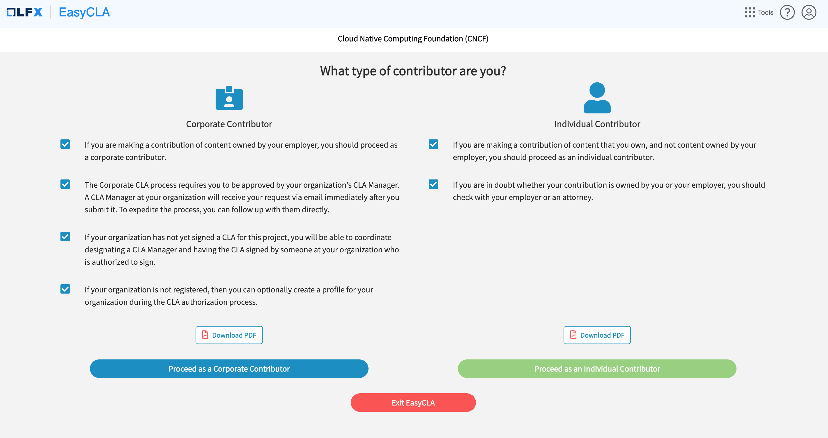 Screenshot of EasyCLA Step 2