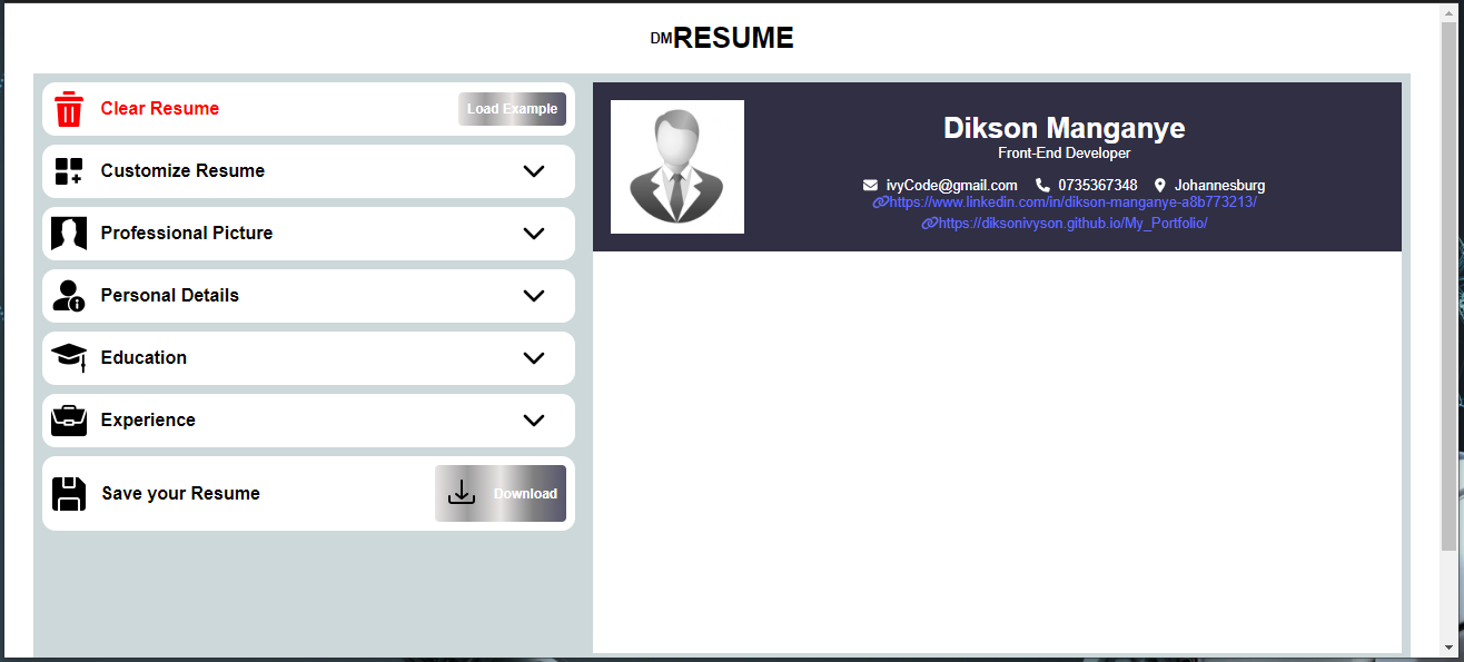 Alt dmResume web app image