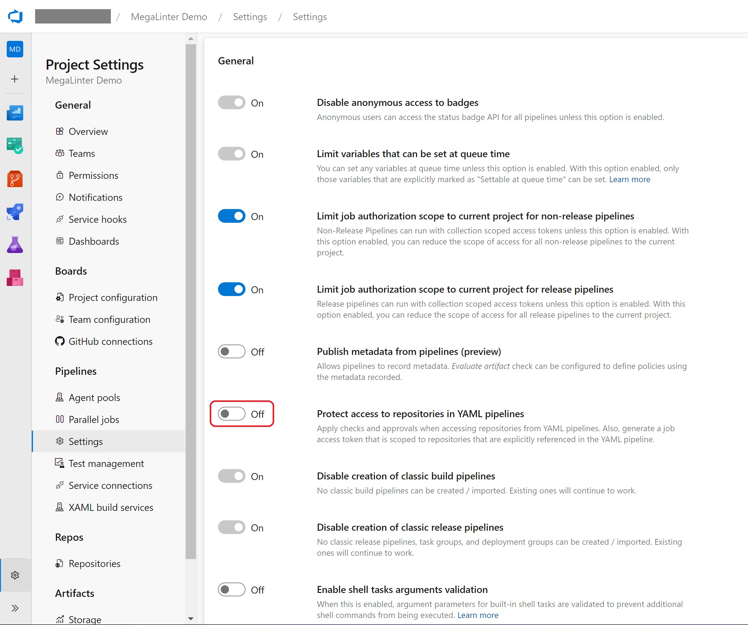 Disable Protect access to repositories in YAML pipelines