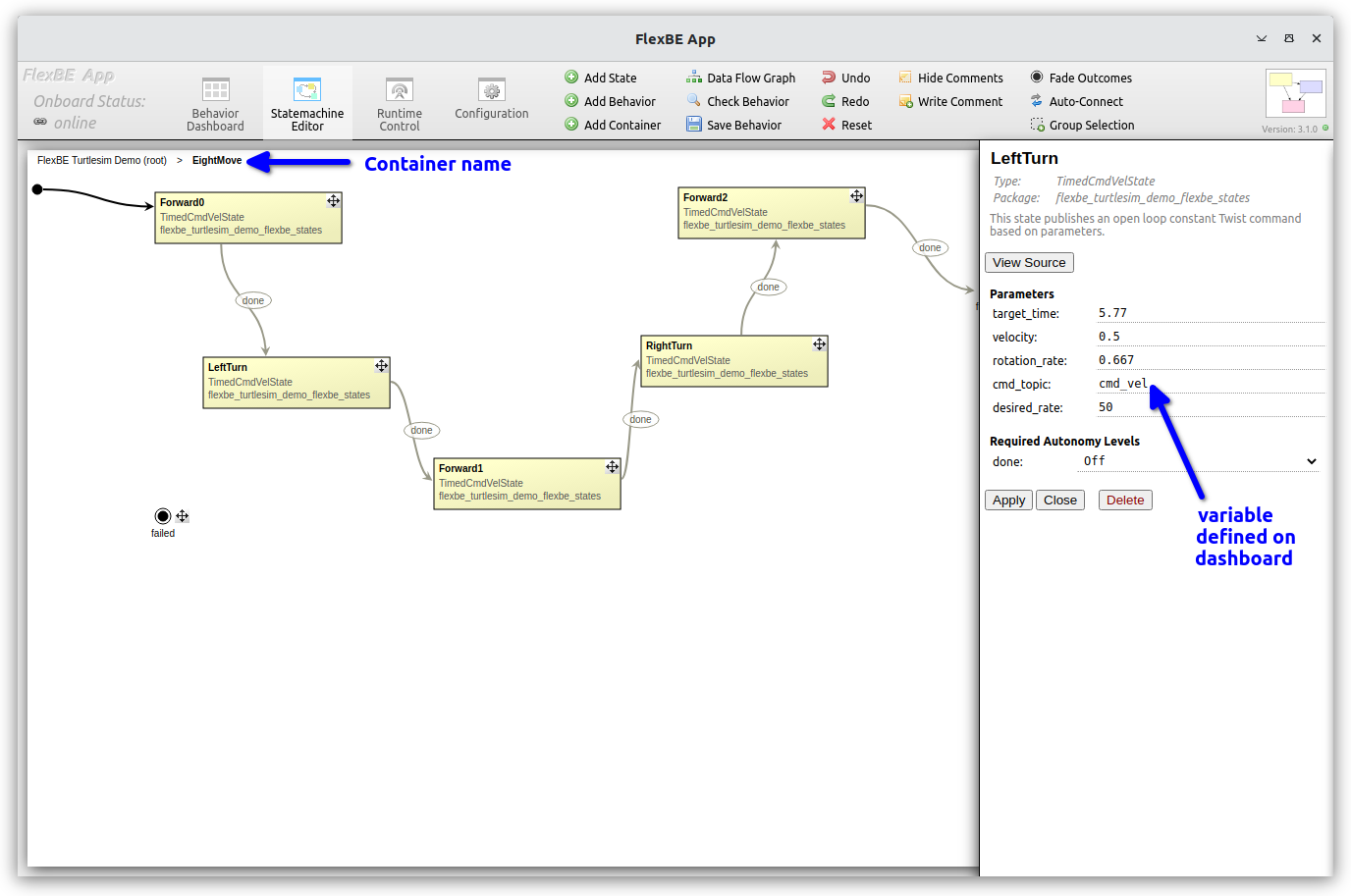 LeftTurn state parameters within the 'EightMove' state machine container.