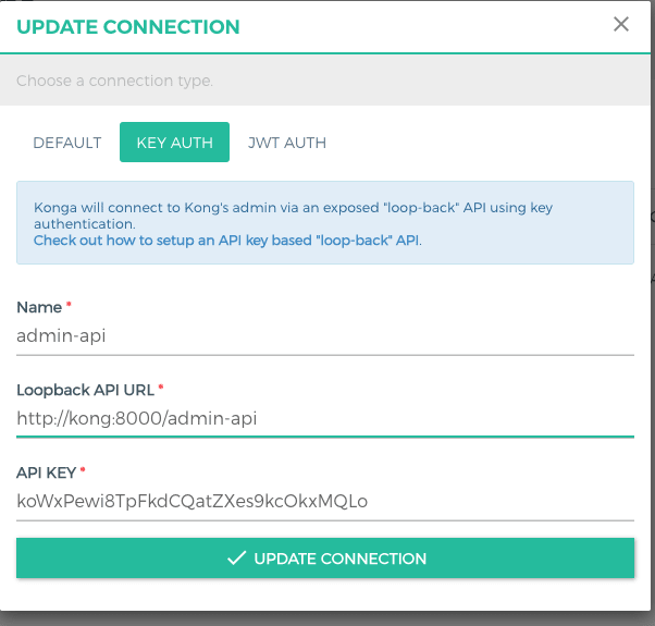 Konga Admin UI Creating Connection