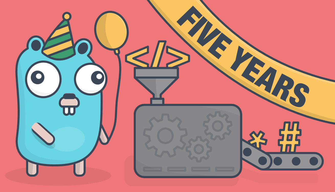 Gopher, the mascot of Golang, is wearing a party hat and holding a balloon. Next to the Gopher is a machine that converts characters associated with HTML to characters associated with Markdown.