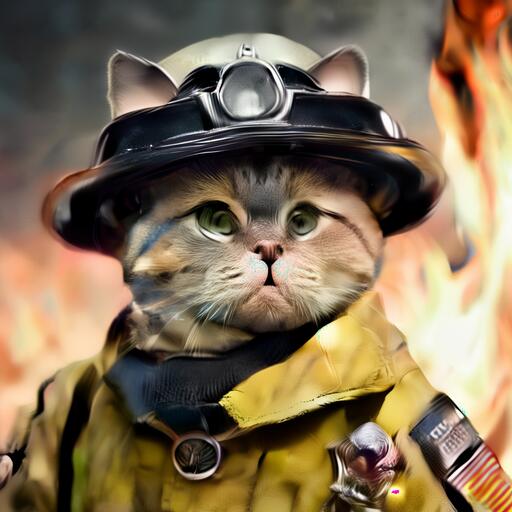 anthropomorphic cat dressed as a fire fighter