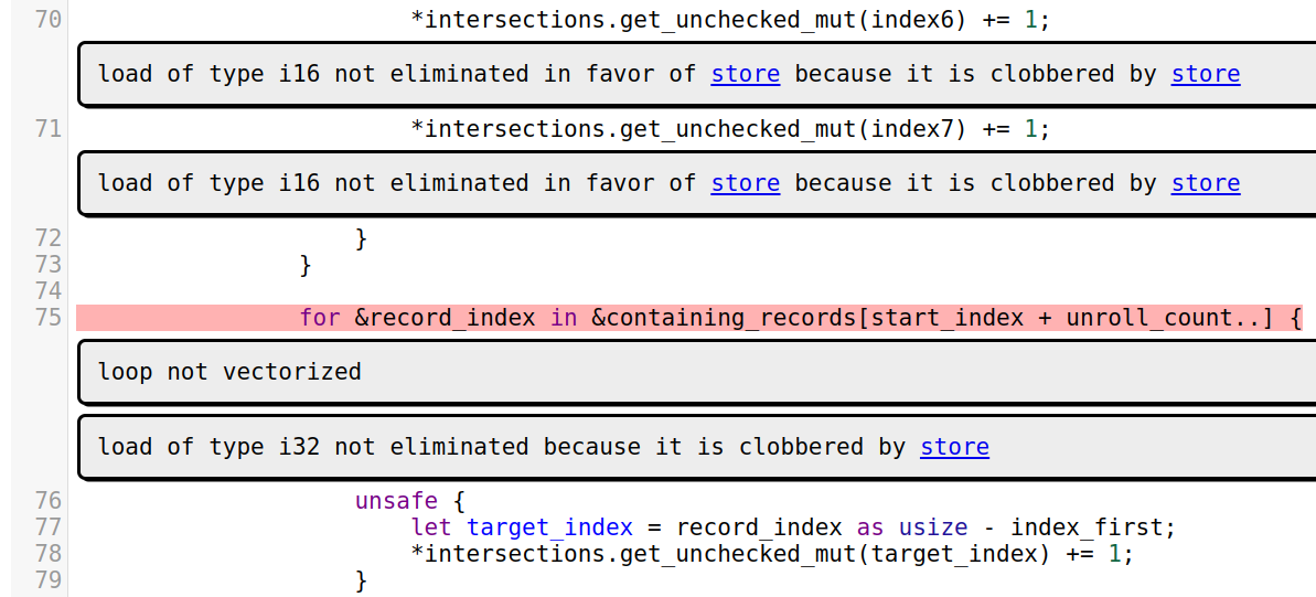 Screenshot of a set of visualized remarks on top of Rust source code