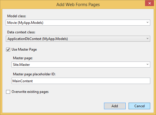 Add Web Forms Pages Dialog