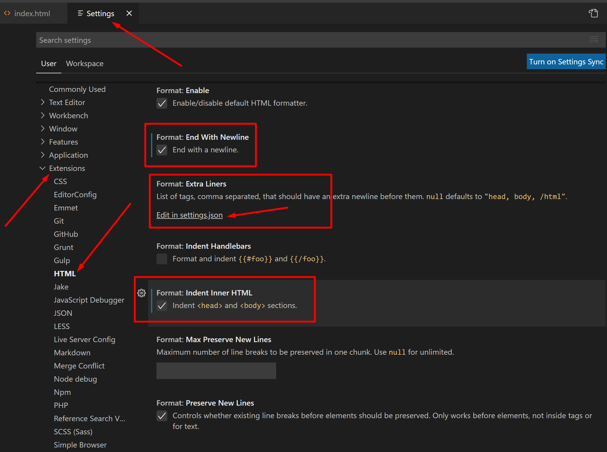 HTML autoformat settings