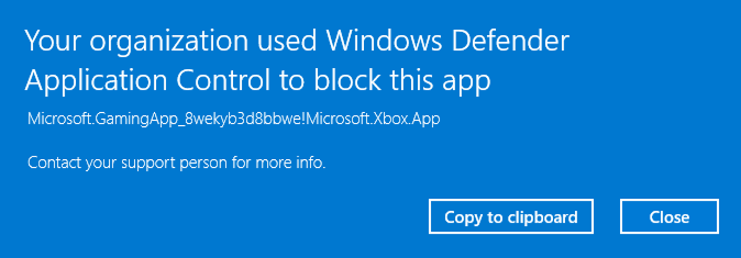 Screenshot of a message saying "Your organization used Windows Defender Application Control to block this app" with a subheading showing that it's for the Microsoft Gaming App.