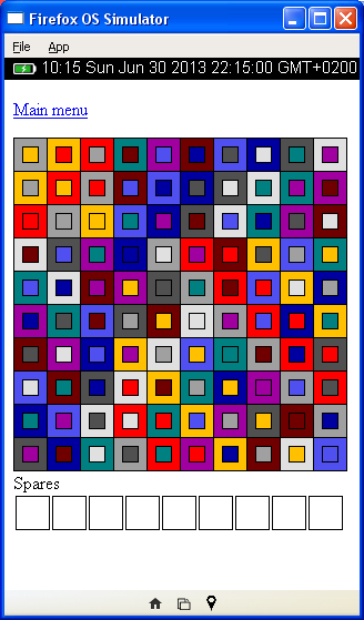 Screenshot of an initial version of Euler Square in Firefox OS Simulator. This 10x10 Graeco-Latin Square has a valid 3x3 Graeco-Latin Square included, own work, Oliver Merkel, Creative Commons Attribution-Share Alike license