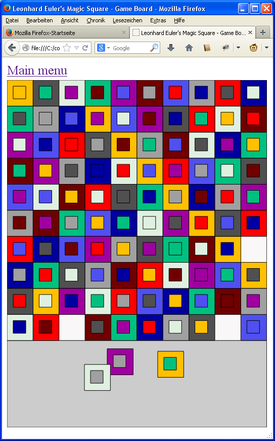 Another 10x10 solution with tiles of same inner and outer color on long diagonal only, own work, Oliver Merkel, Creative Commons Attribution-Share Alike license