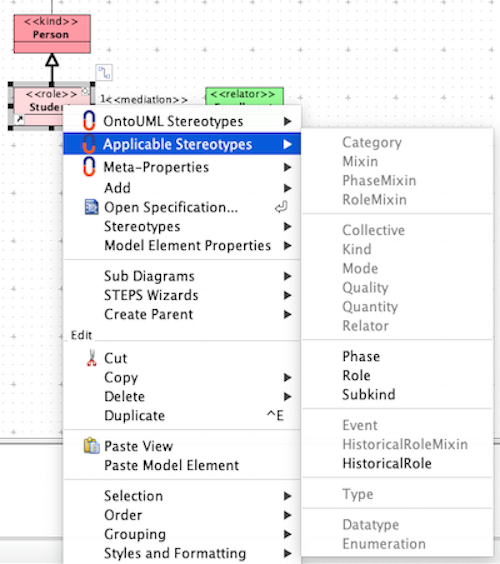 A screenshot of a suggested list of stereotypes in a context menu