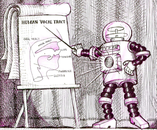 Illustration of a Robot pointing to a Diagram of a Vocal Tract in a Lecture Hall