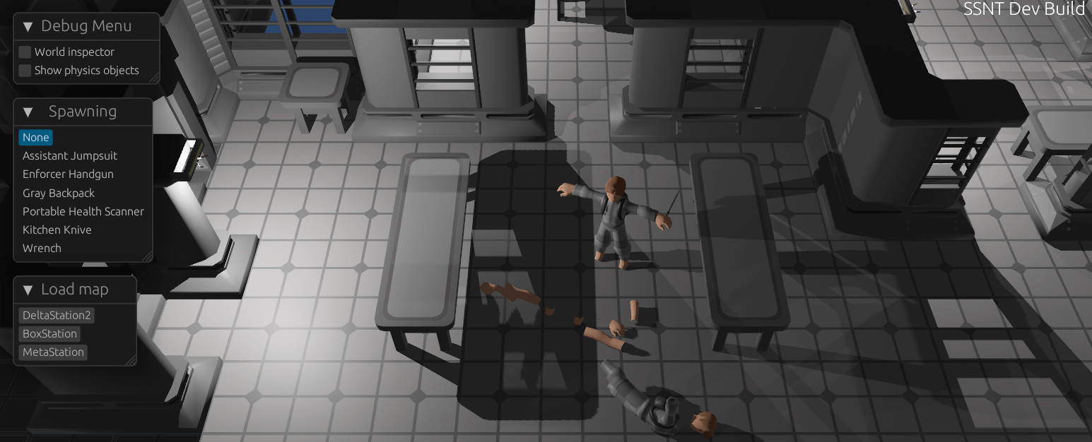 A screenshot from the game. It shows a gray room of a space station. A human in a gray jumpsuit is holding a knife. On the floor there are scattered body parts of another human. There are multiple debug UI windows visible.