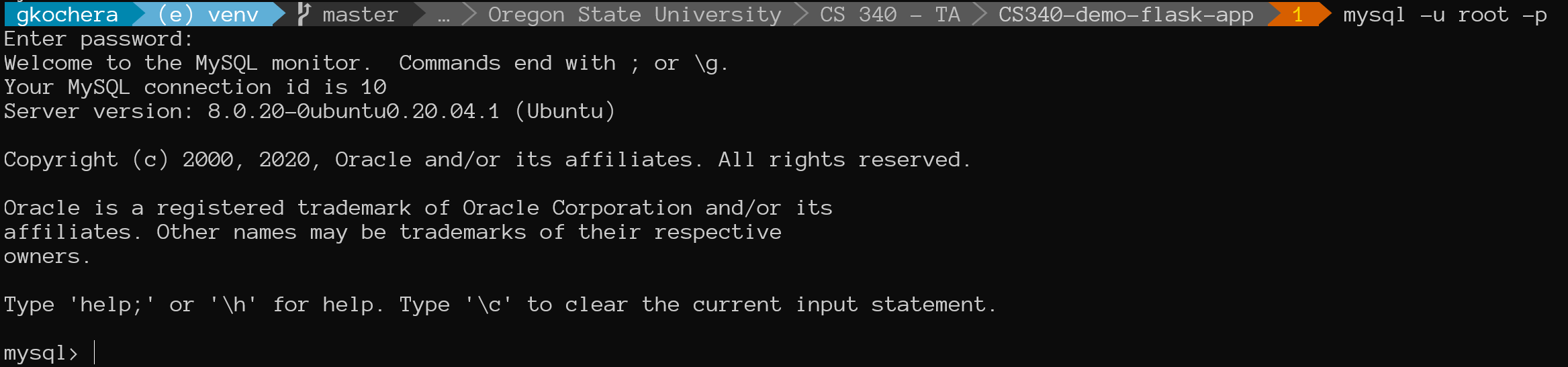 MySQL login at terminal