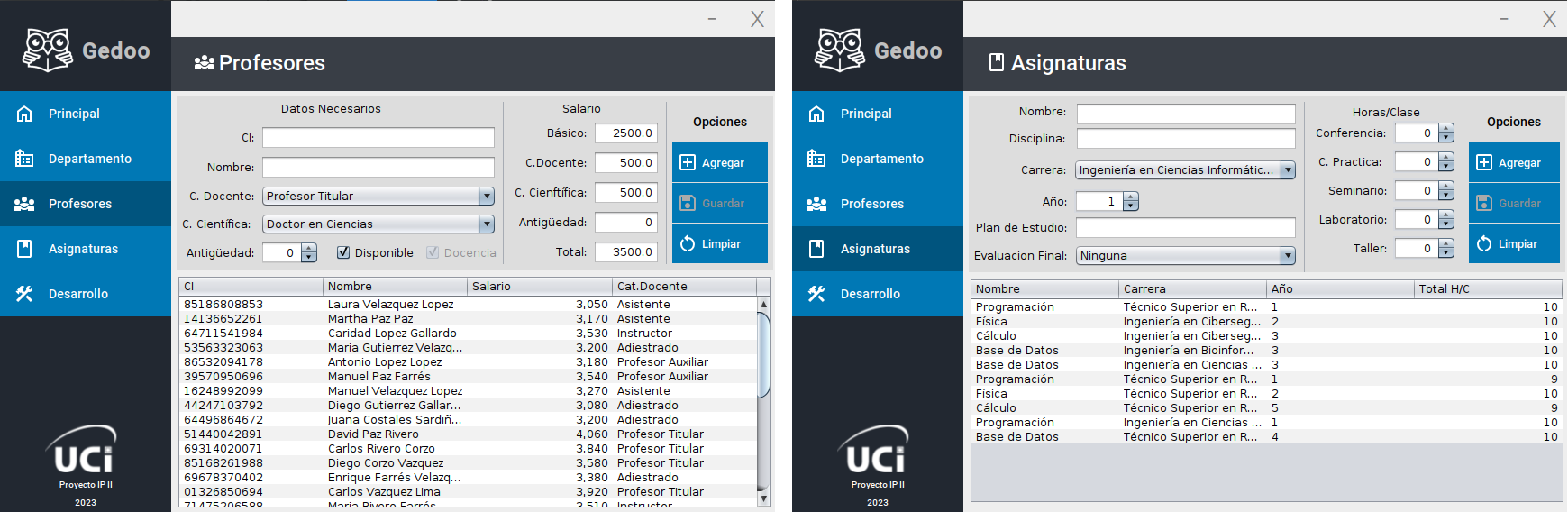 Vistas Secciones Profesores y Asignaturas