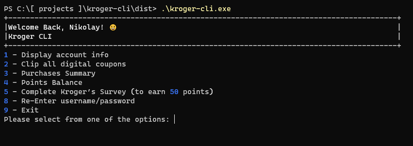 Kroger CLI Screenshot