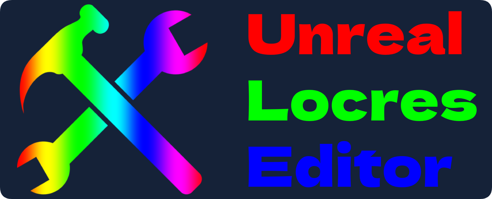 A slightly rounded but rectangular logo with a dark background, including a crossed hammer and wrench with a vibrant, rainbow gradient. The text is positioned to the right of the tools, with "Unreal" in bold red, "Locres" in bold green, and "Editor" in bold blue, each stacked vertically.