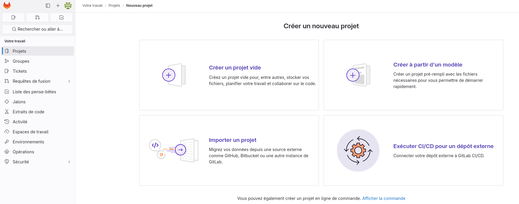 Capture de la page de proposition des modalités de création de repo Gitlab