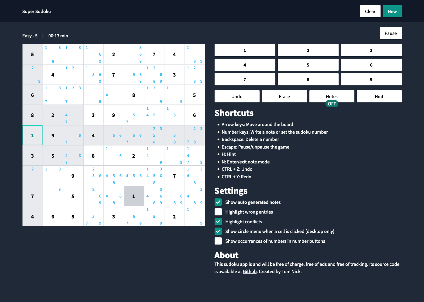 Screenshot of the sudoku app