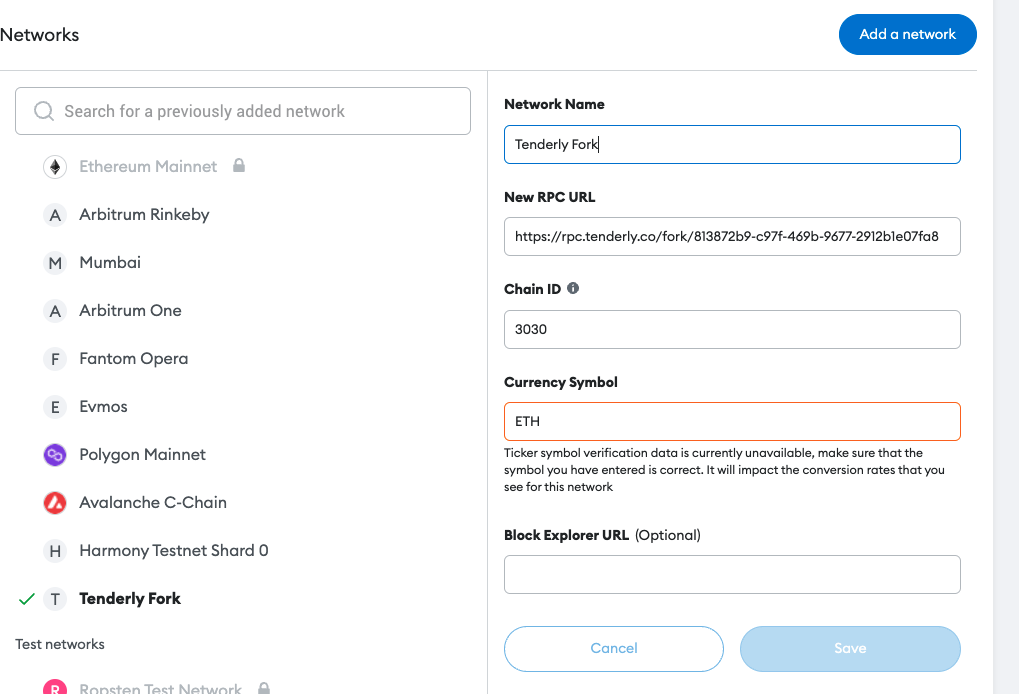 MetaMask Forked Network Setup