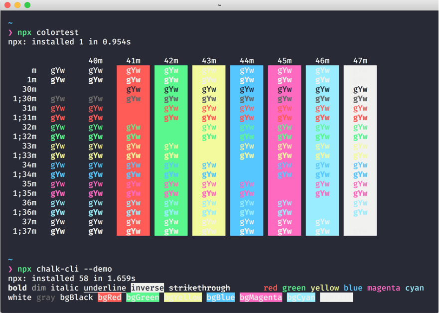 Image of a terminal displaying the Snazzy theme colors