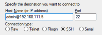 Screen shot: Shows the destination admin@192.168.11.5 on port 22.