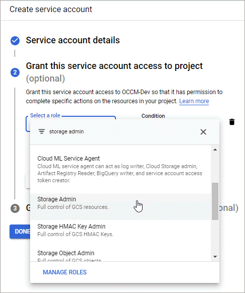 A screenshot of the GCP IAM console that shows the selection of the Storage Admin role for a service account.