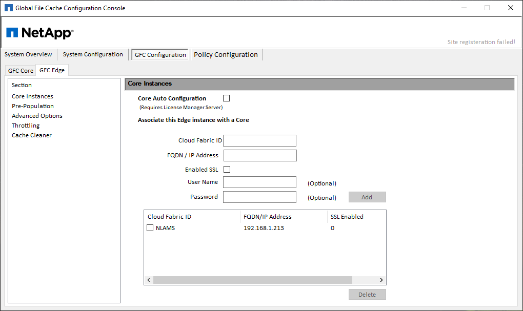 A screenshot showing the Edge entries that identify the Global File Cache Core that will be used.