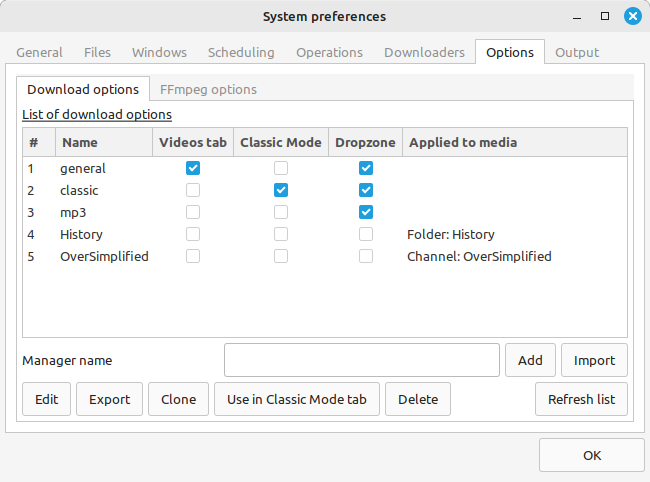 The list of download options