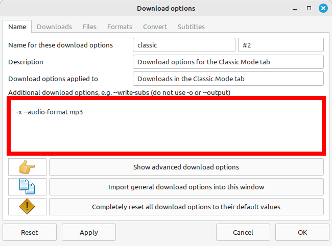 Customising download options