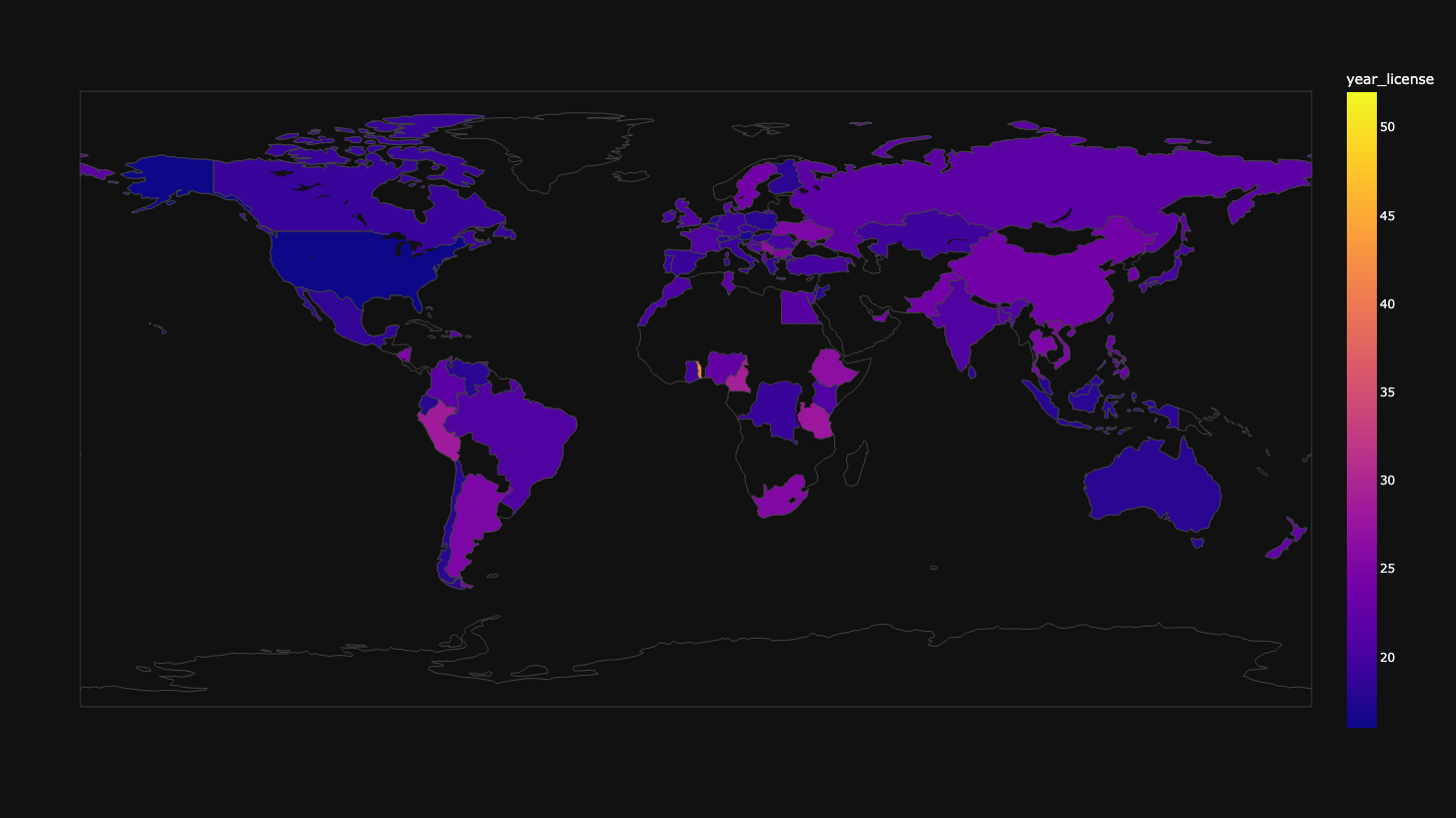 map of years of having a license