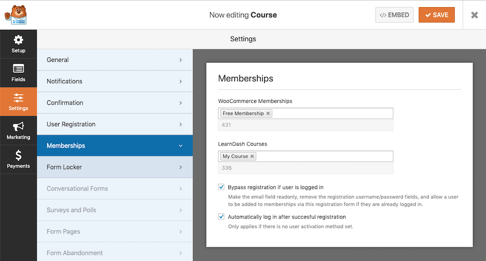 Memberships settings field