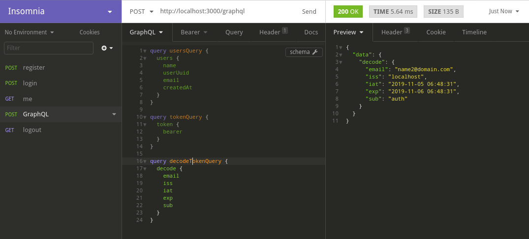 Get JWT decoded Token by GraphQL with Insomnia